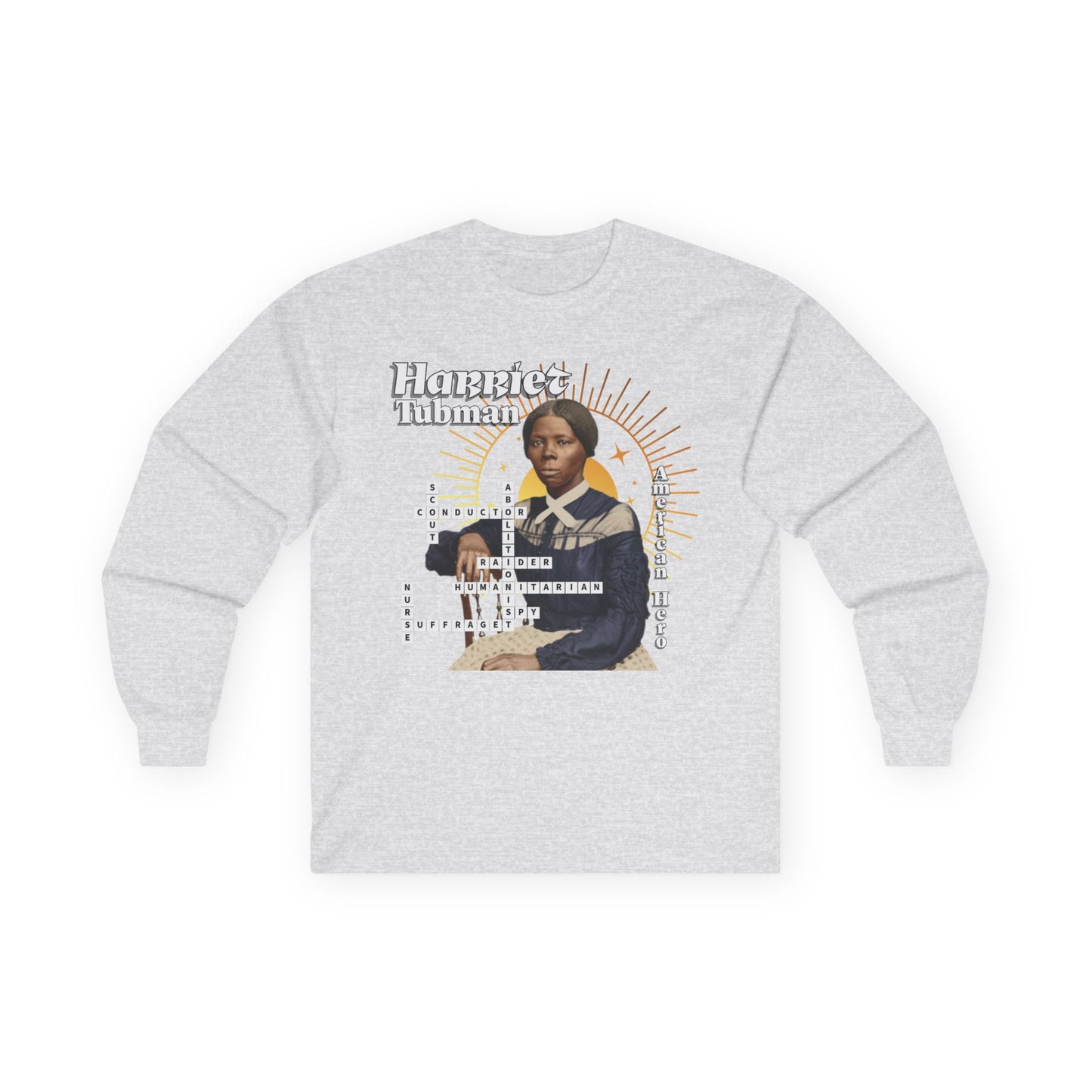 Harriet Tubman Crossword Puzzle Graphic Long Sleeve Tee | Historical Portrait, Muted tones with white text black outline