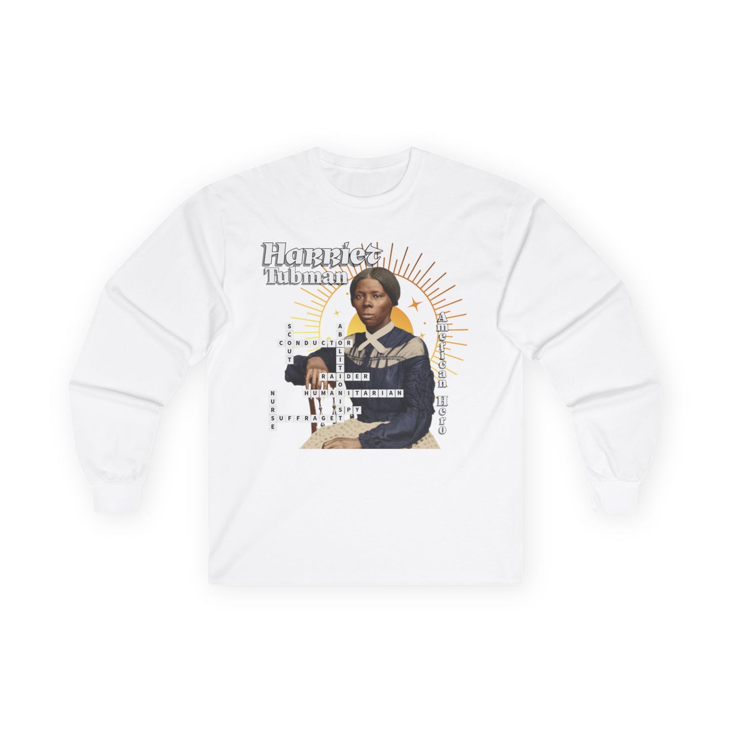 Harriet Tubman Crossword Puzzle Graphic Long Sleeve Tee | Historical Portrait, Muted tones with white text black outline