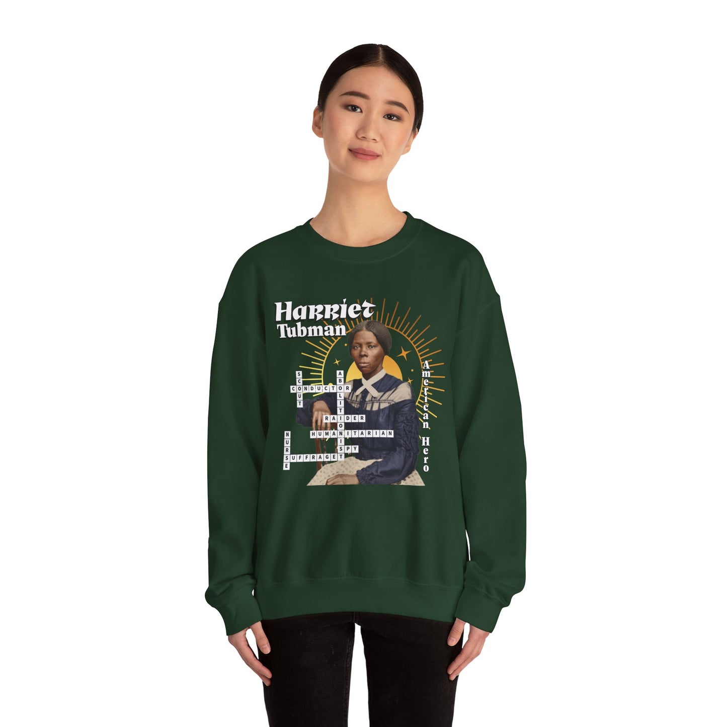 Harriet Tubman Crewneck Sweatshirt — Black History Tribute, muted colors, white & black text