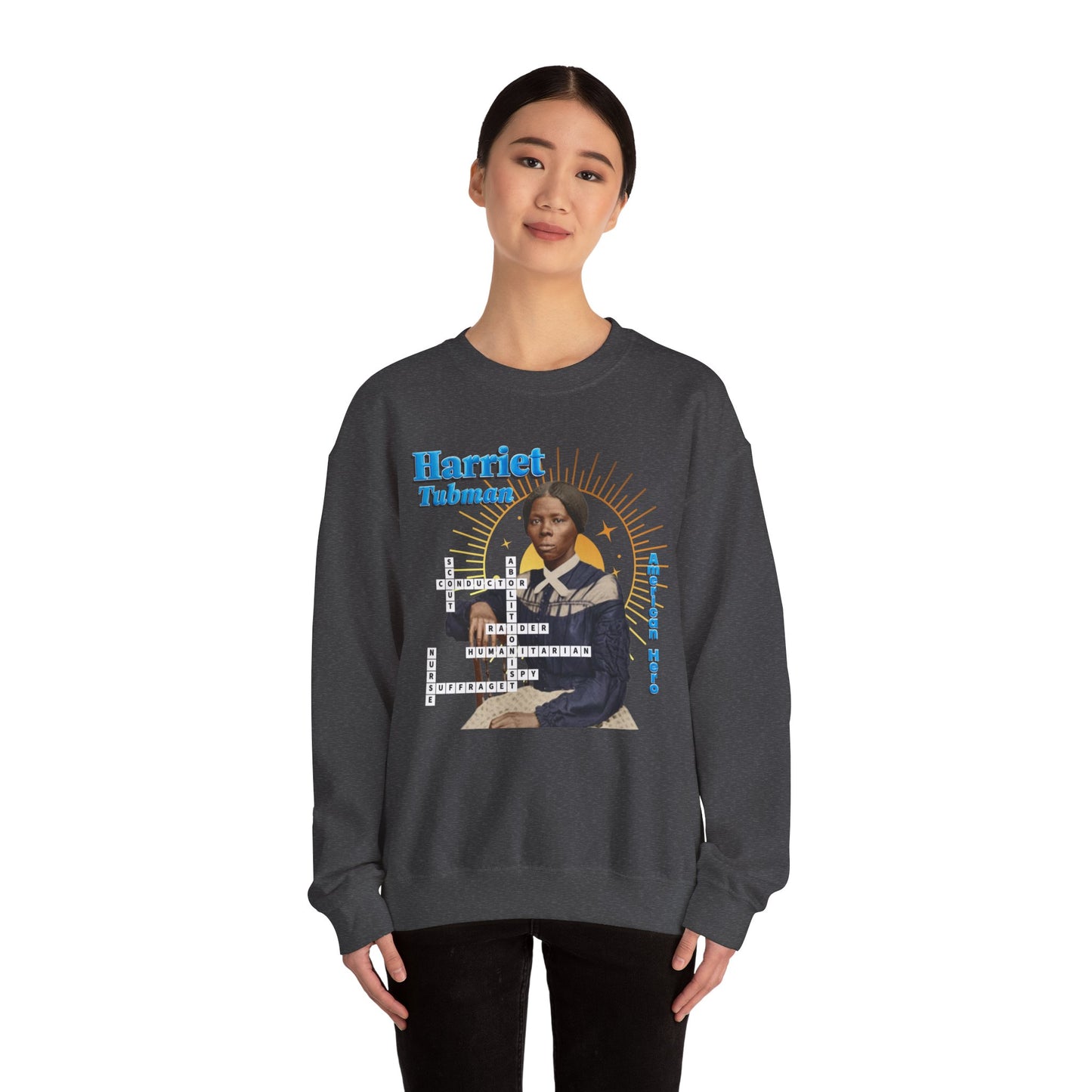 Harriet Tubman Crewneck Sweatshirt — Black History Tribute, muted colors with blue text